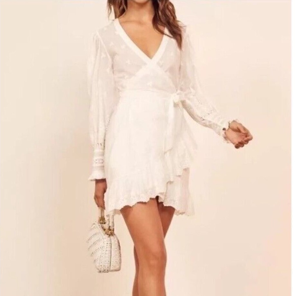 Reformation Harriet Embroidered Wrap Mini Dress